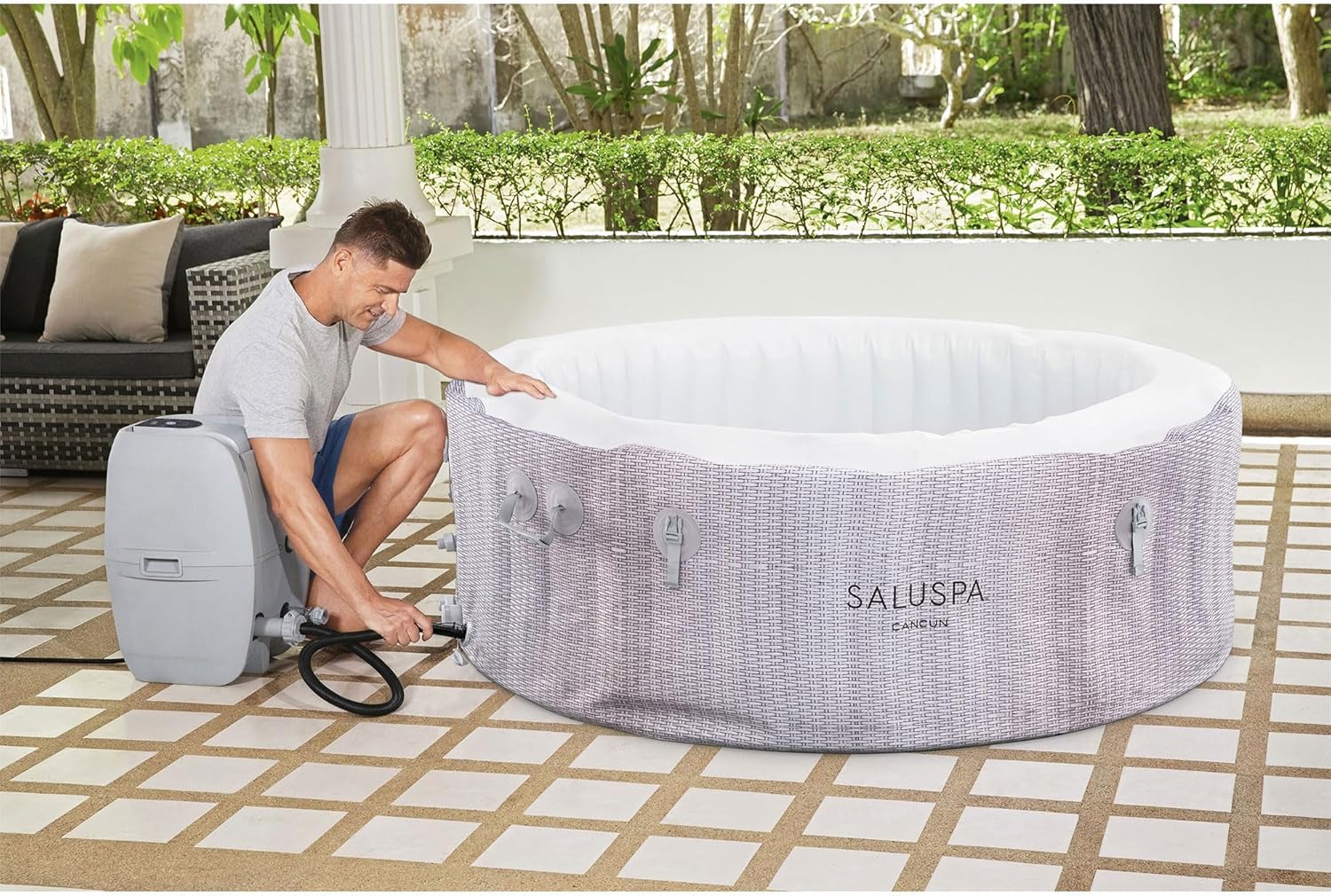 Large Round 2 to 4 Person Inflatable Hot Tub Portable Outdoor Spa with 120 AirJets and EnergySense Cover, Grey