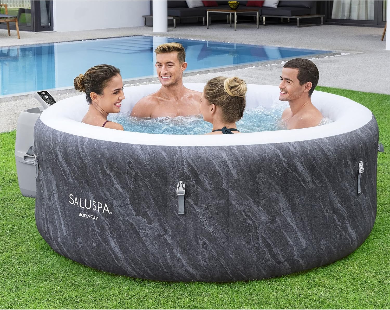 Large Round 2 to 4 Person Inflatable Hot Tub Portable Outdoor Spa with 120 AirJets and EnergySense Cover, Grey