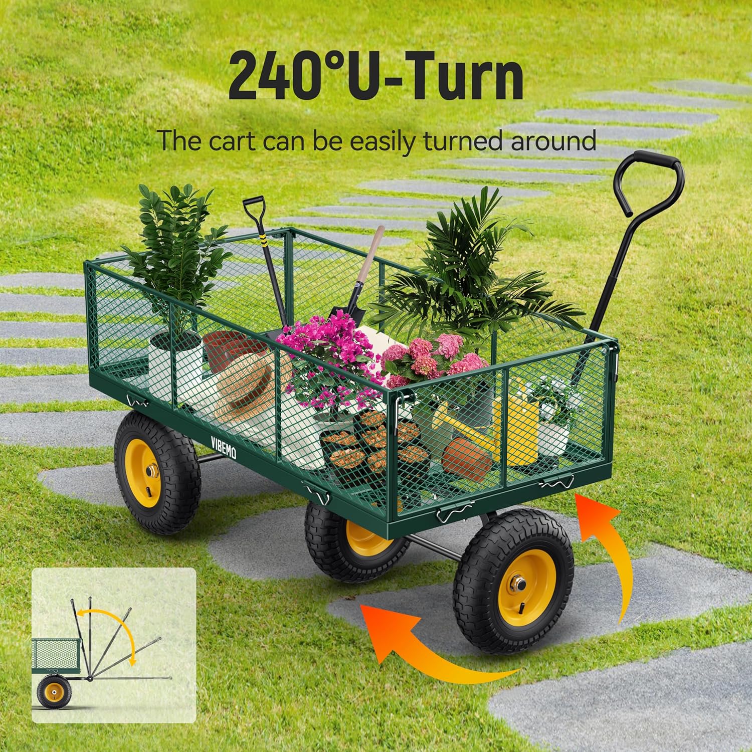 Steel Garden Cart, 2-in-1 1400 lbs Heavy Duty Utility Wagon, with Removable Mesh Sides to Convert into Flatbed, 240° U-Turn 13