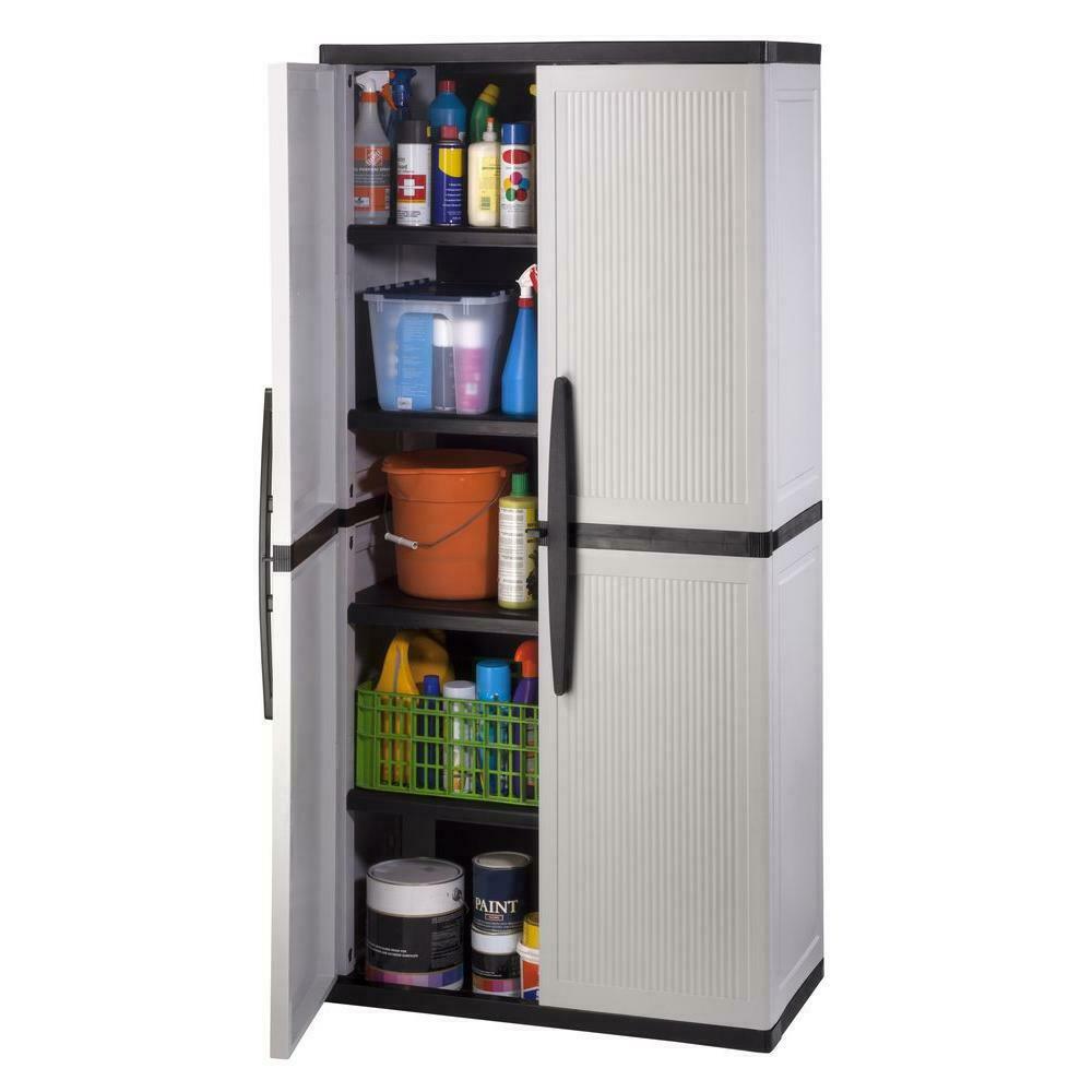 2025 HDX Gray Plastic Freestanding Garage Cabinet, 35′′W x 71′′H x 18′′D, with Adjustable Shelves and Lockable Doors