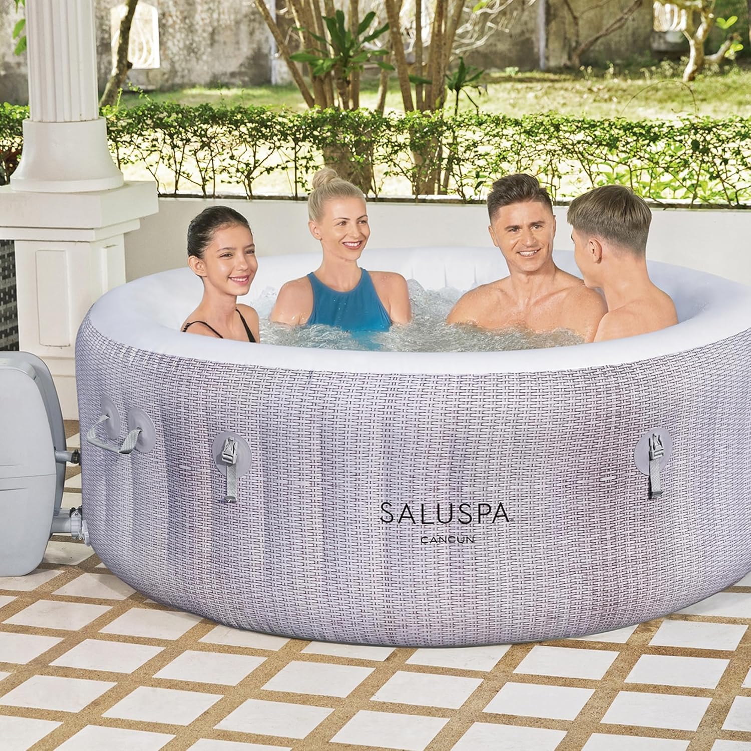 Large Round 2 to 4 Person Inflatable Hot Tub Portable Outdoor Spa with 120 AirJets and EnergySense Cover, Grey