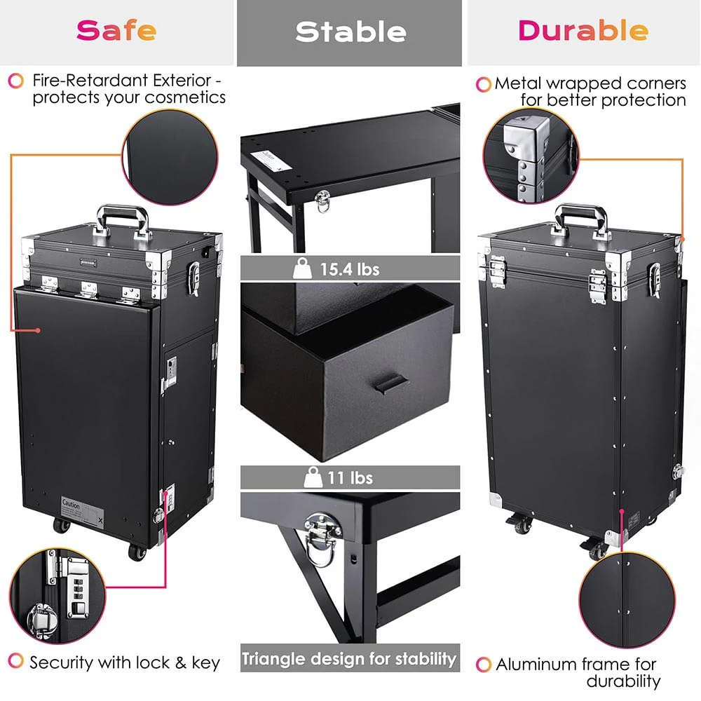 BYOOTIQUE Nail Desk Mobile Station Rolling Makeup Train Case Trolley Cosmetic Manicure Table Mirror 4 Drawers Pink