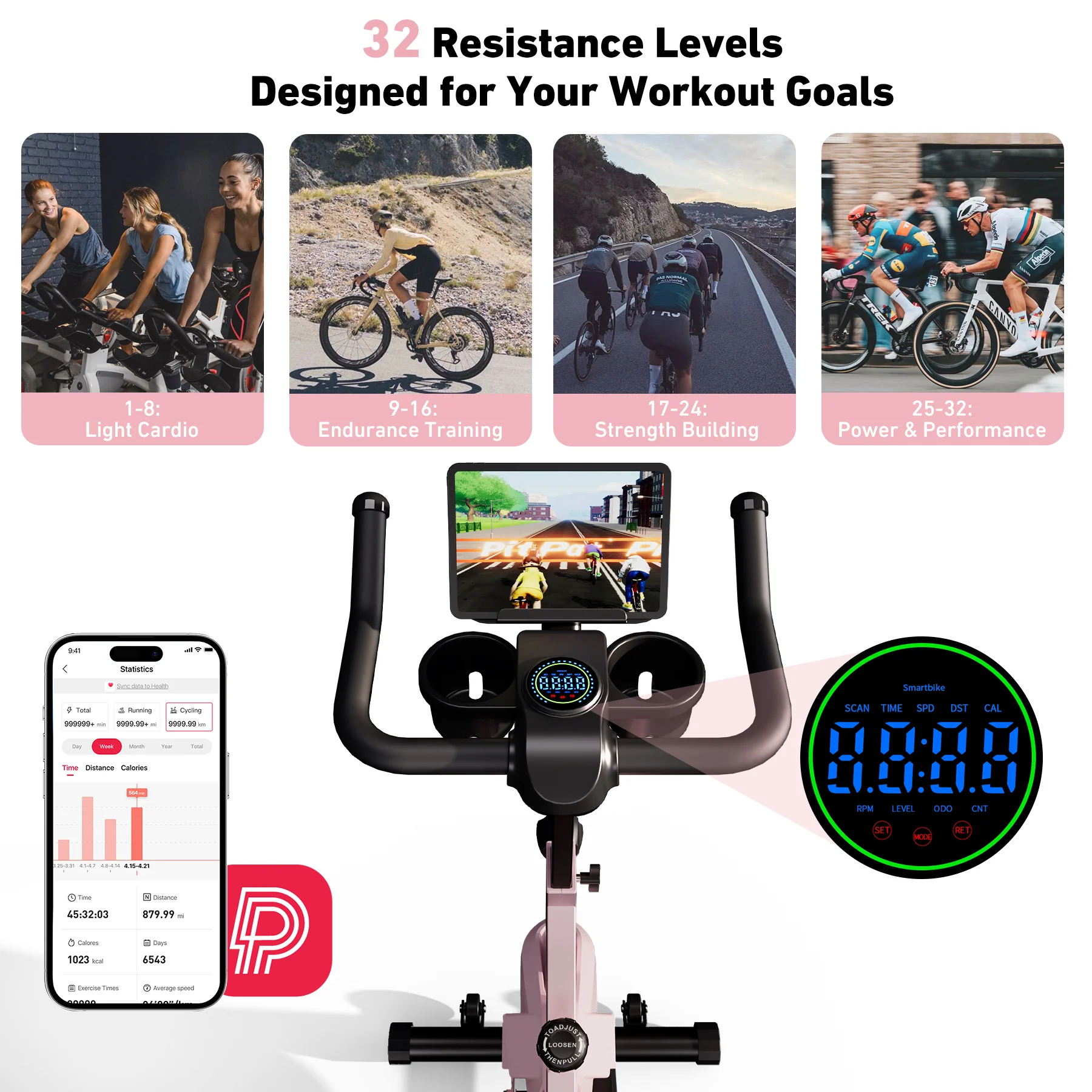 DeerRun S500 Indoor Smart Stationary Cycling Bike with PitPat App, 1-32 Magnetic Resistance-Pink