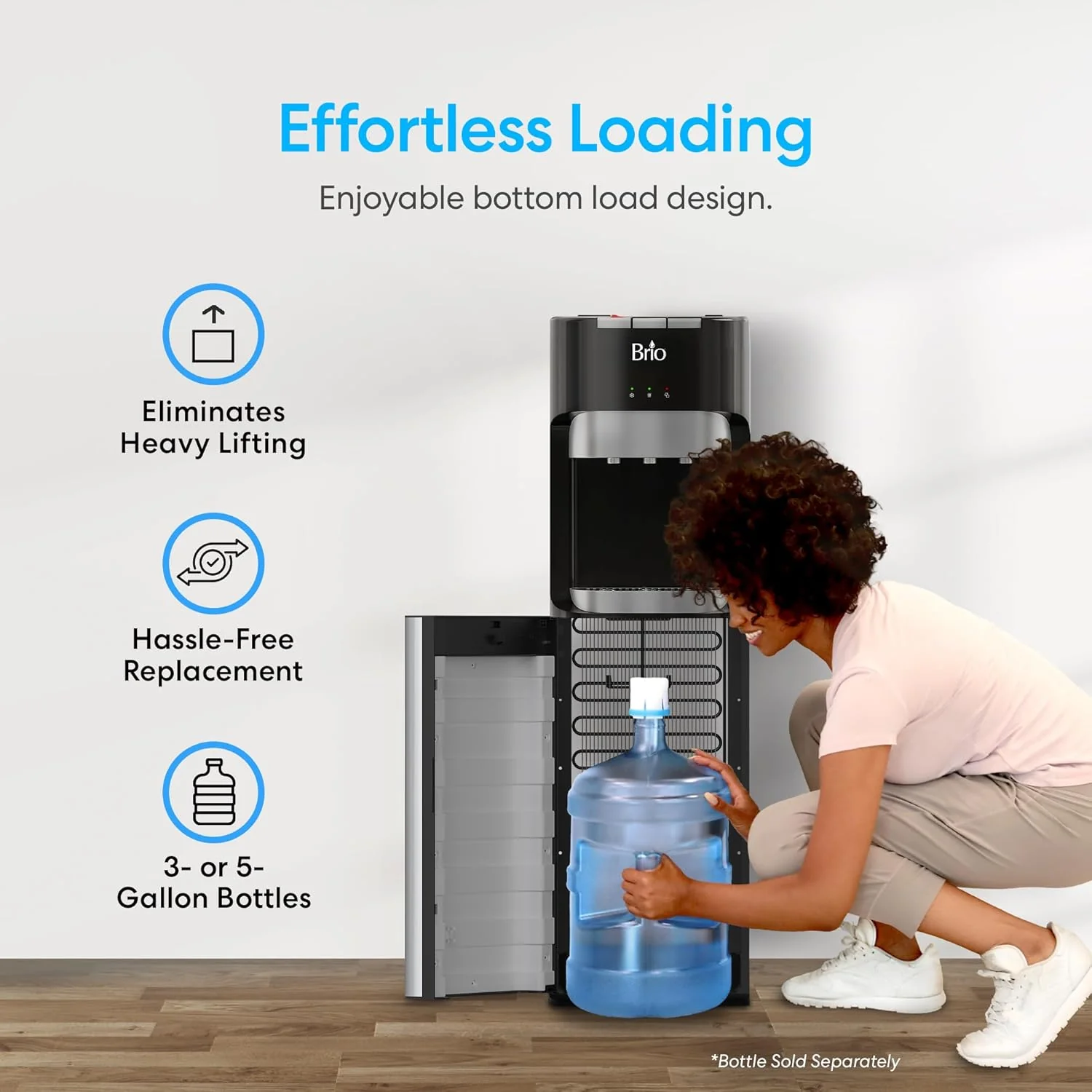 Bottom Loading Water Cooler Dispenser for 5 Gallon Bottles - 3 Temperatures with Hot, Room & Cold Spouts, Child Safety Lock, LED Display with Empty Bottle Alert, Stainless Steel