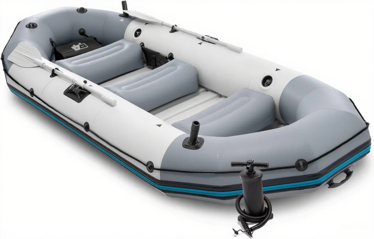 Inflatable Boat Set: Includes Deluxe 54in Boat Oars and High-Output Pump – Wear-Resistant Keel – Removable Fishing Rod Holders – 4-Person – 1100lb Weight Capacity