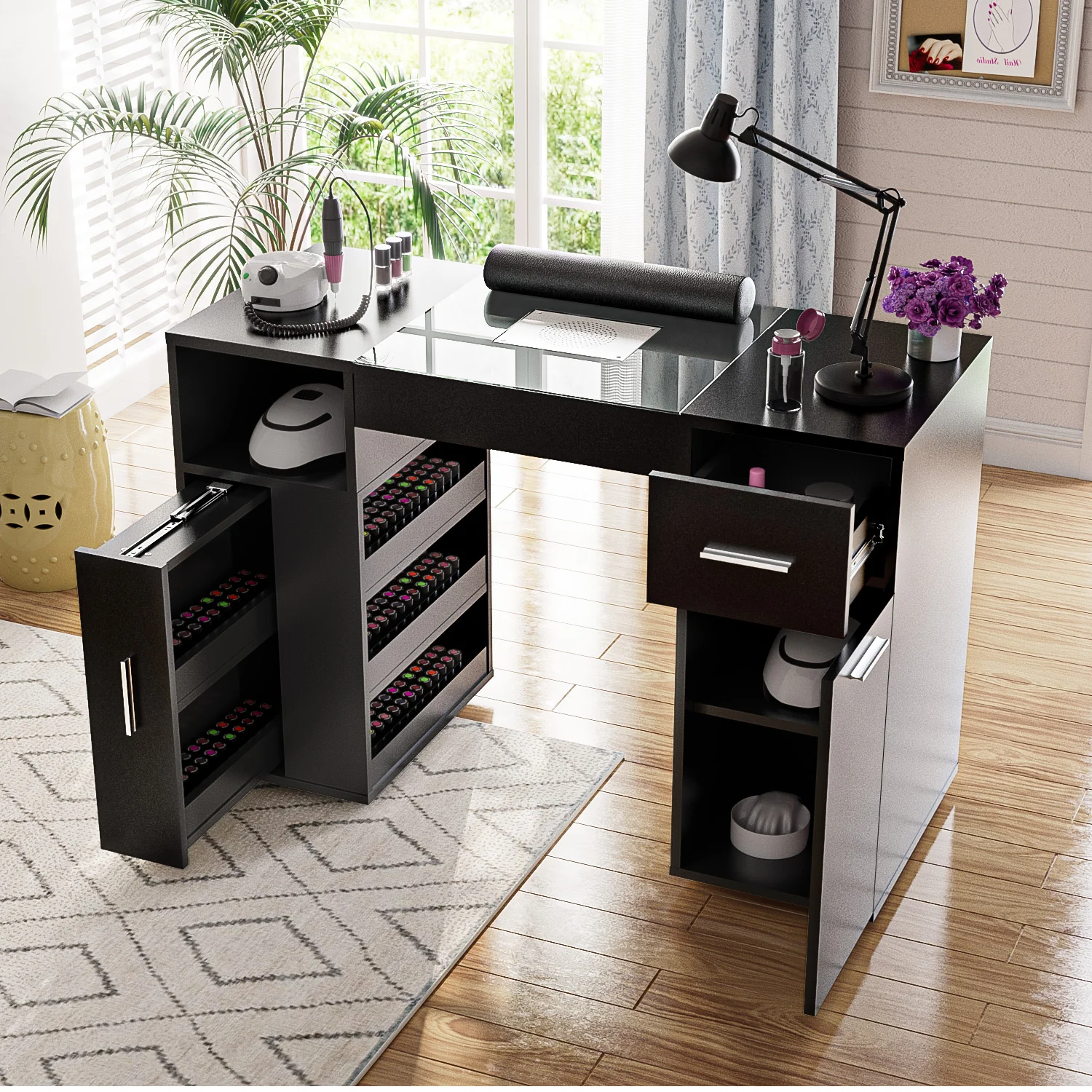 Advwin Nail Desk w/ Acetone-Resistant Glass Table Top