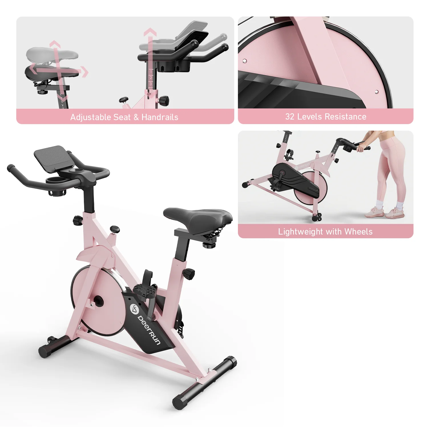 DeerRun S500 Indoor Smart Stationary Cycling Bike with PitPat App, 1-32 Magnetic Resistance-Pink