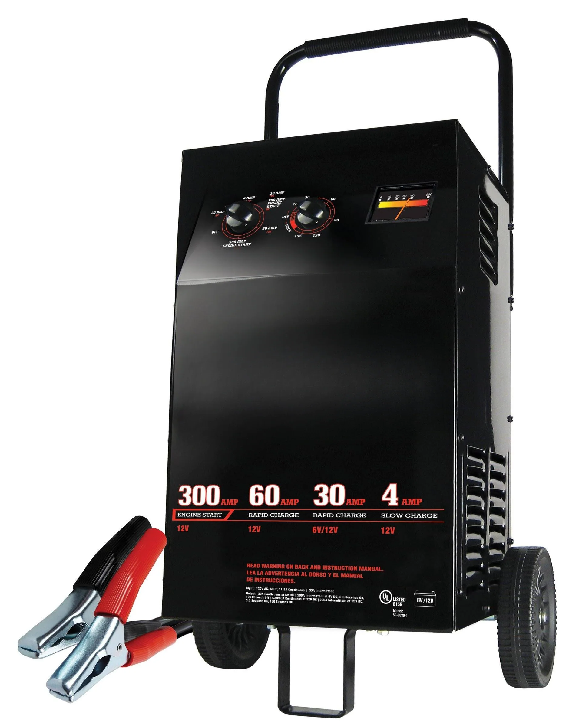 Electric Wheeled Battery Charger and Engine Starter, 2-in-1, manual timer control, 300 crank amps, 6 volts, 12 volts, for car, SUV, truck and Marine batteries