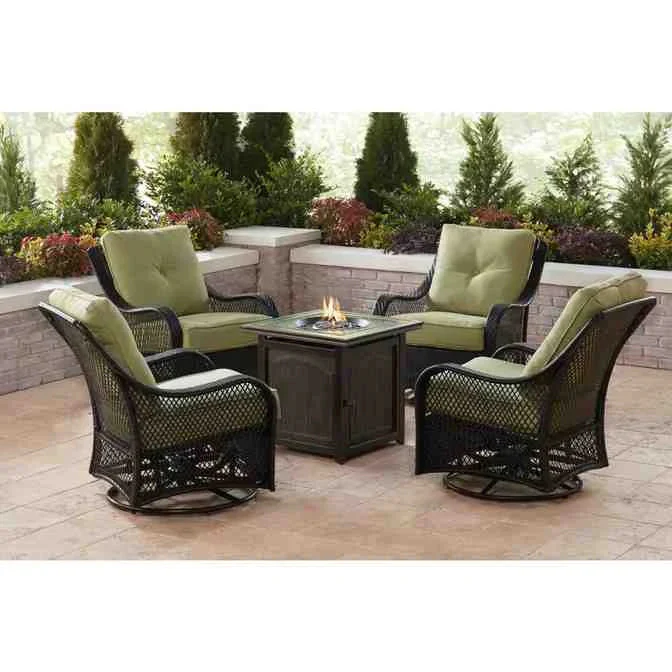 5-Piece Steel Patio Fire Pit Conversation Set with Navy Blue Cushions, Swivel Gliders and Square Fire Pit Table