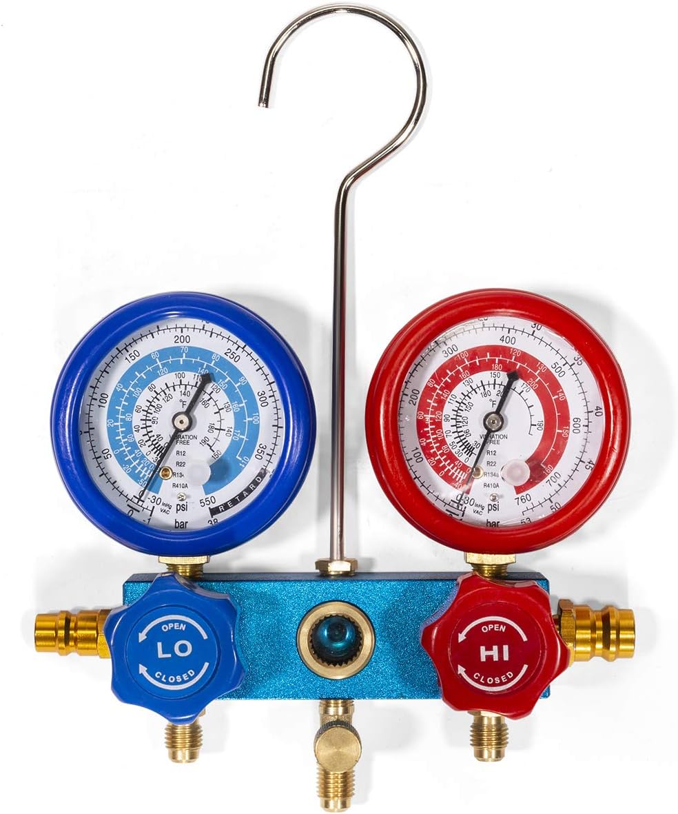 Premium 4CFM Air Vacuum Pump HVAC A/C Refrigeration Kit AC Manifold Gauge Case Set R134a Tap w/Leak Detector and Carrying Tote Bag