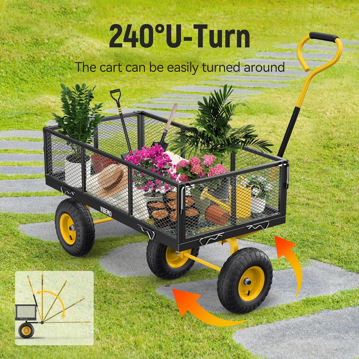 Steel Garden Cart, 2-in-1 1400 lbs Heavy Duty Utility Wagon, with Removable Mesh Sides to Convert into Flatbed, 240° U-Turn 13