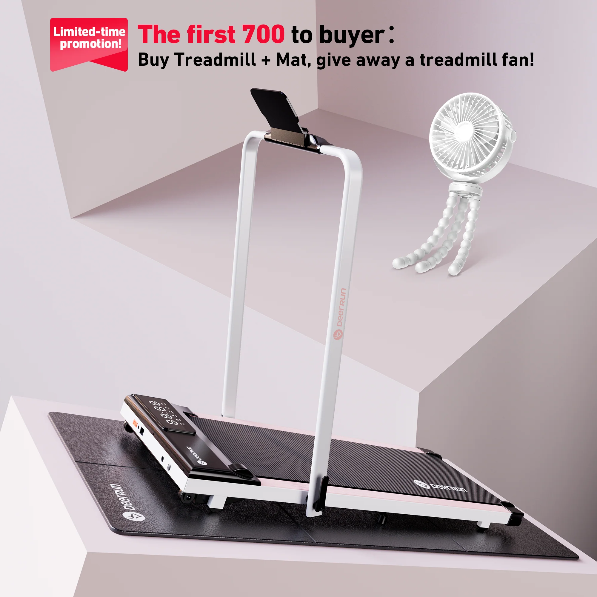 DeerRun A5 Pro Smart 2 in 1 Folding Treadmill Pink with Handrail, 300Lbs