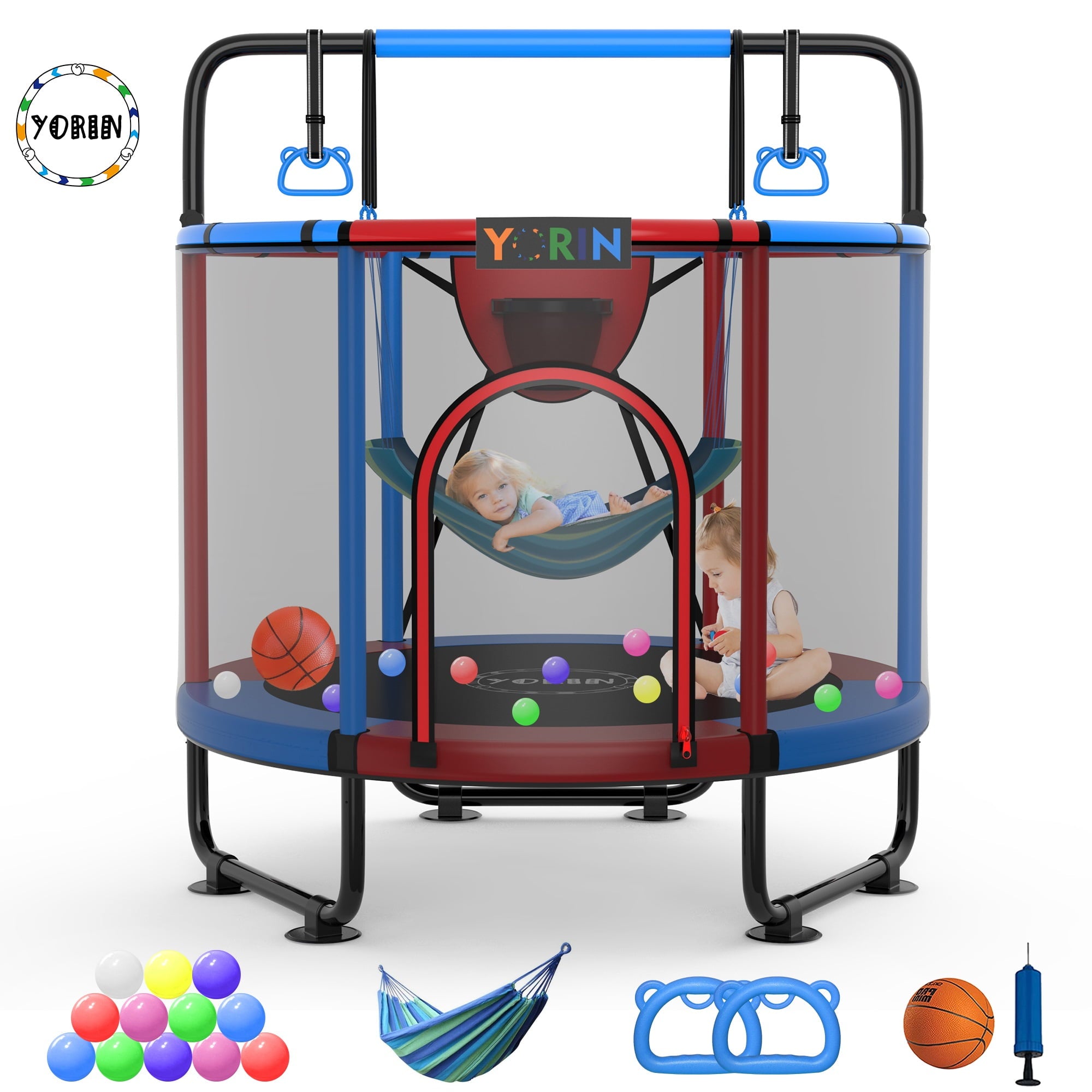 YORIN Trampoline for Kids, 60'' Toddler Mini Trampoline with Enclosure Net, Basketball Hoop, 5FT Indoor/Outdoor Kids Trampoline with Swing, Adjustable Gymnastics Bars, Gifts for Boys & Girls, 600LBS