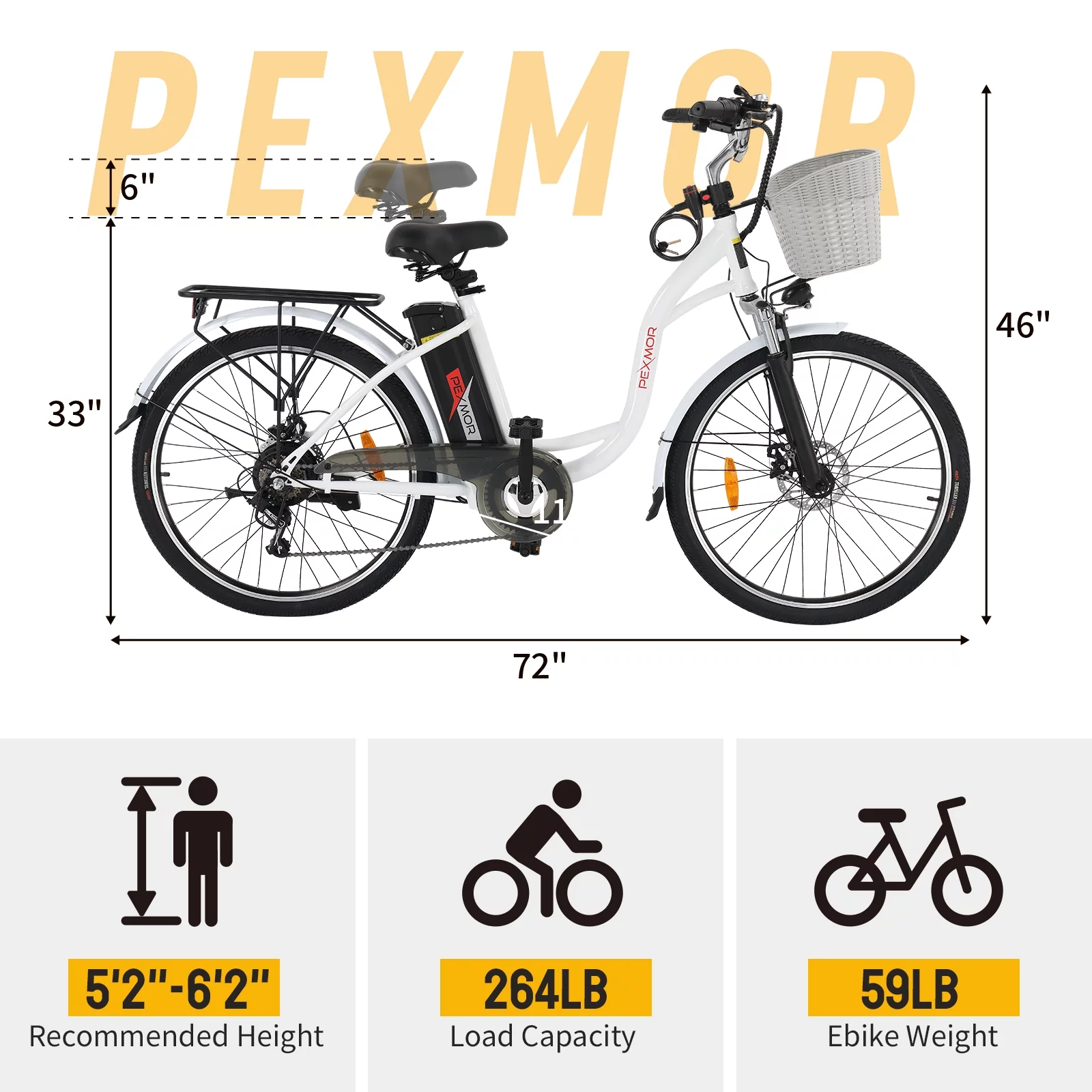 PEXMOR Electric Bike for Adults, 350W (Peak 500W) City Commuter Ebike 36V 12.5AH Removable Battery, 26
