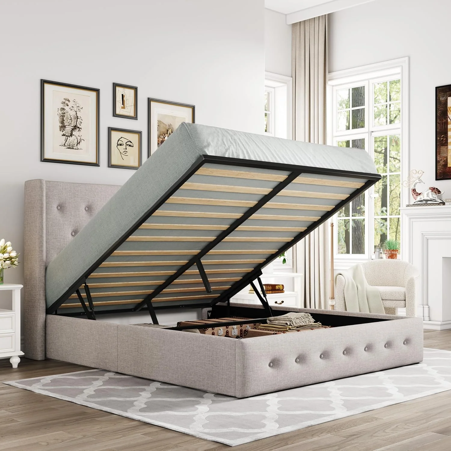 Queen Size Lift Up Storage Bed, Modern Wingback Headboard, Hydraulic Support, No Box Spring Needed, Light Beige