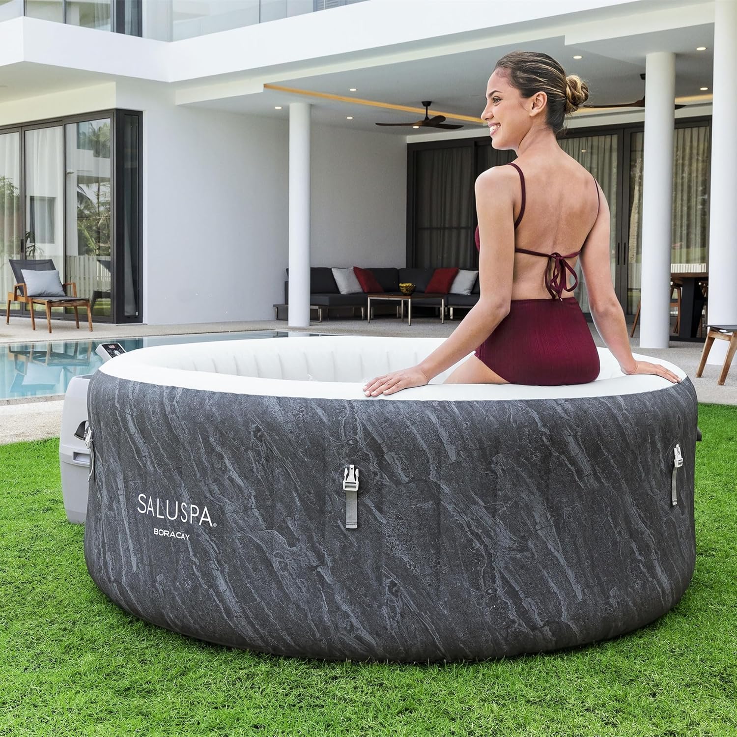 Large Round 2 to 4 Person Inflatable Hot Tub Portable Outdoor Spa with 120 AirJets and EnergySense Cover, Grey