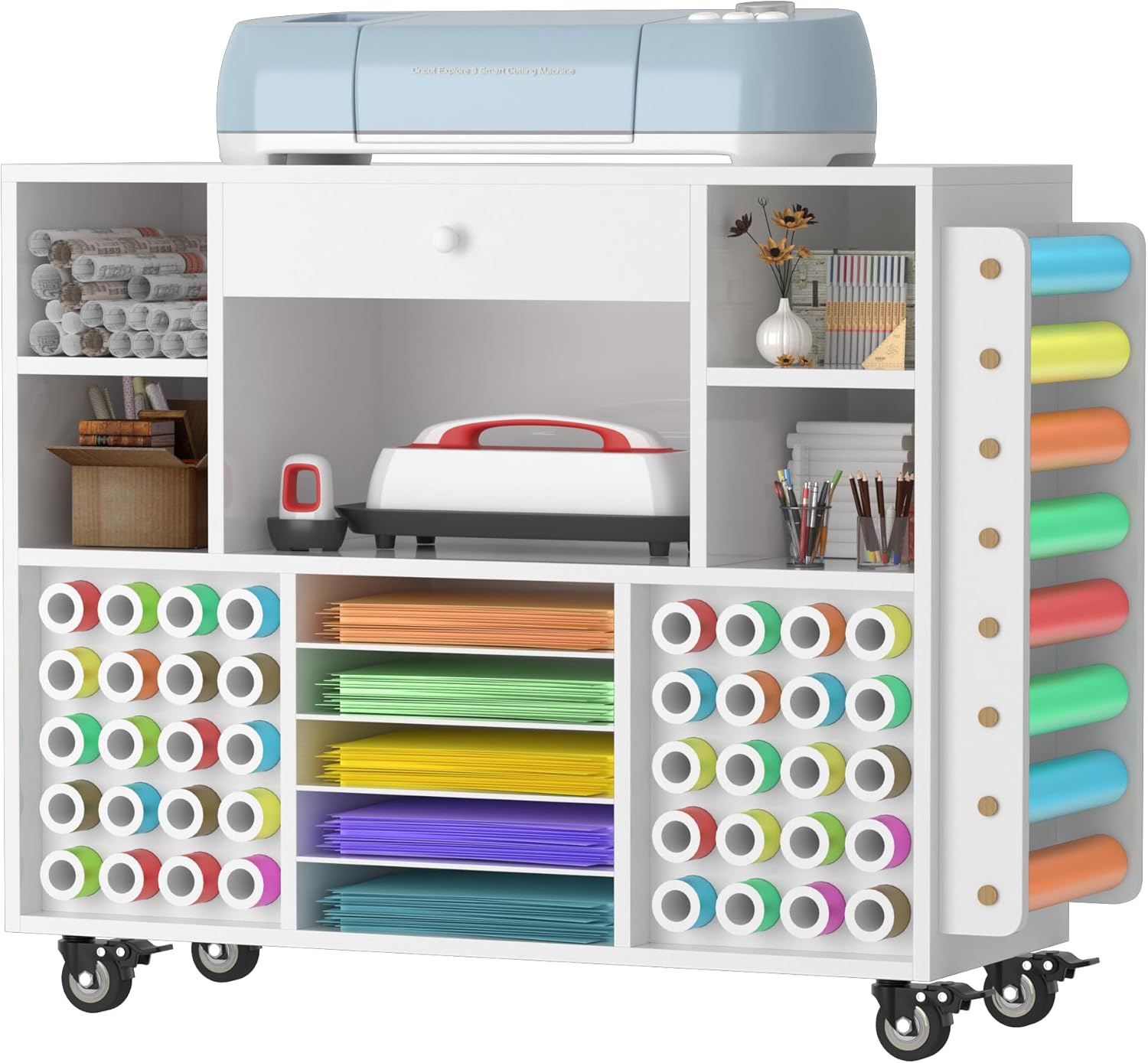 Craft organization and storage Cart Compatible with Cricut Machine, Rolling Craft Organizer With large drawer & 48 Vinyl Roll Holder, Crafting Cabinet Table Workstation for Craft Room Home