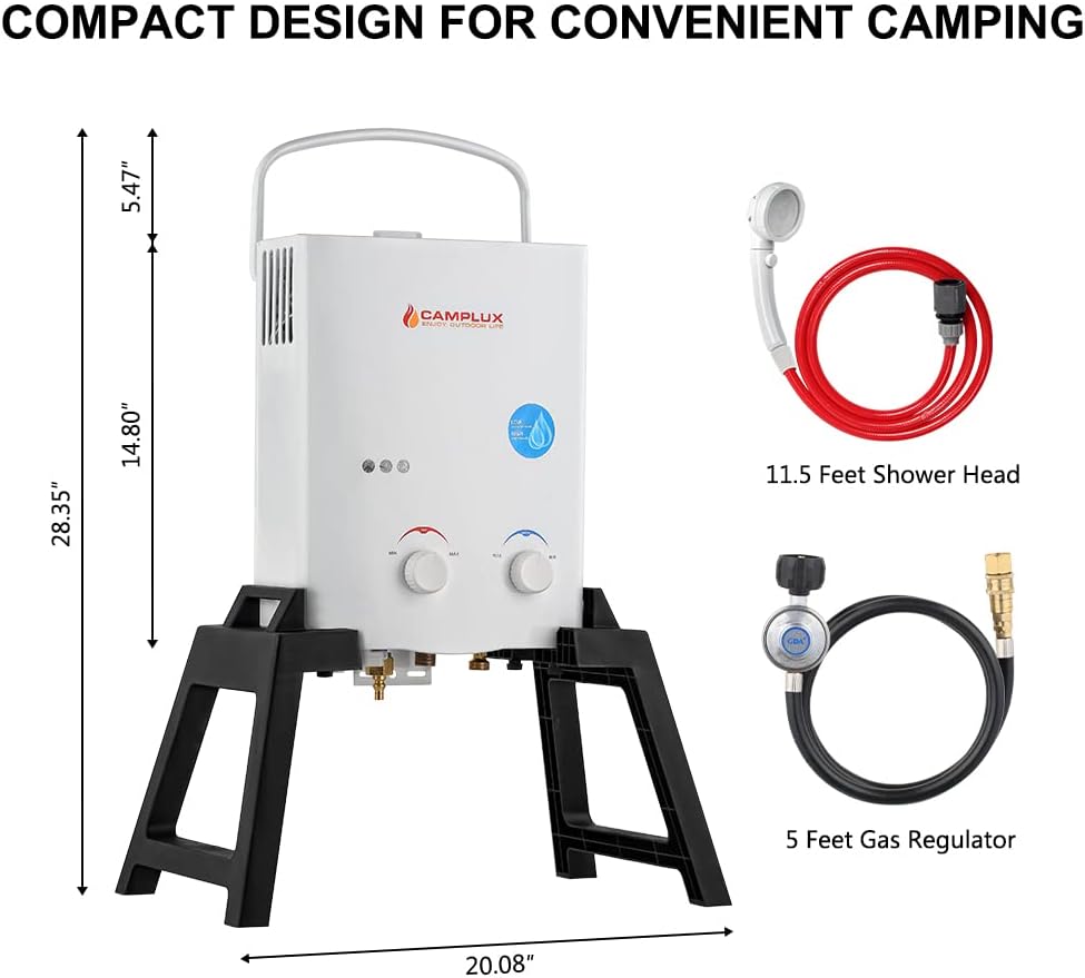 Portable Tankless Water Heater, 1.32 GPM Outdoor Camping Propane Gas Water Heaters w/Freestanding Stand and Carry Bag
