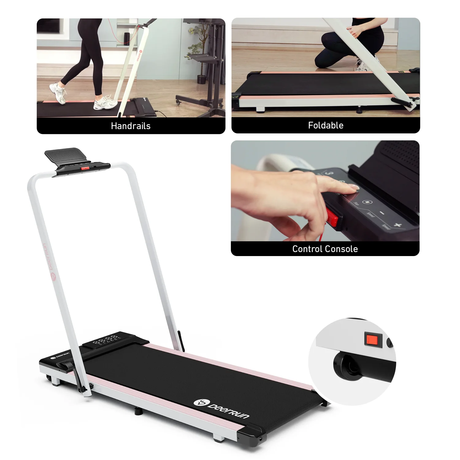 DeerRun A5 Pro Smart 2 in 1 Folding Treadmill Pink with Handrail, 300Lbs