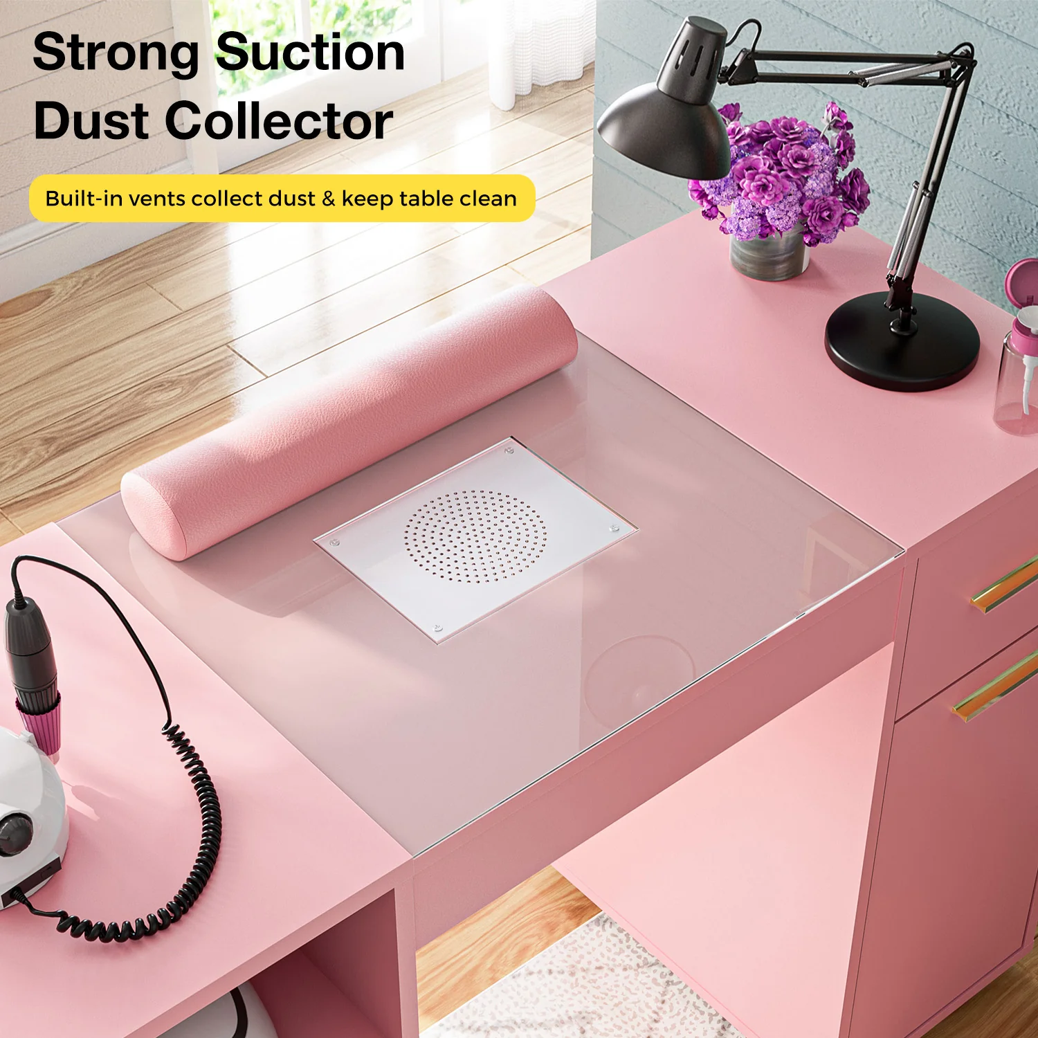 Advwin Nail Desk w/ Acetone-Resistant Glass Table Top