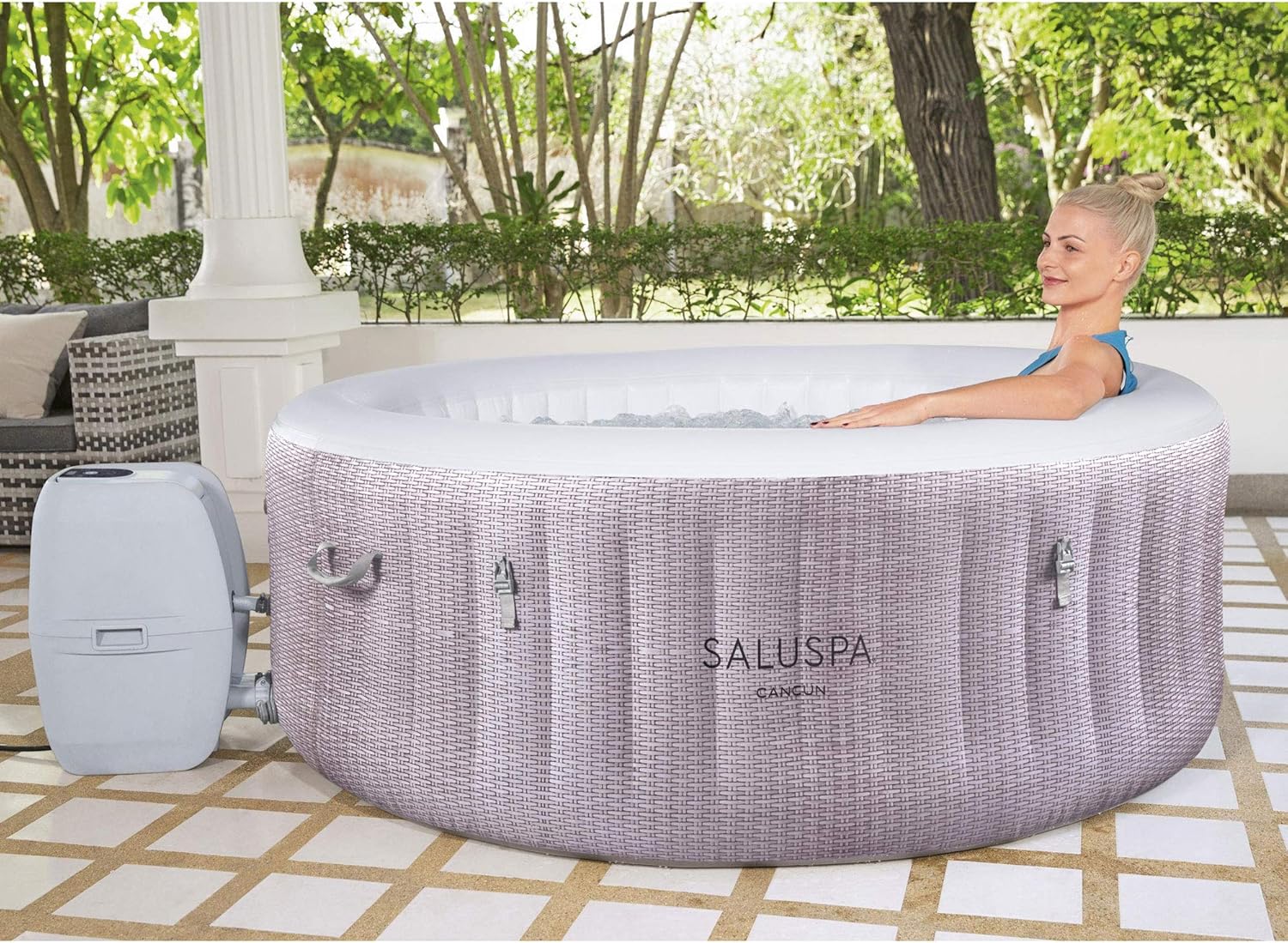 Large Round 2 to 4 Person Inflatable Hot Tub Portable Outdoor Spa with 120 AirJets and EnergySense Cover, Grey