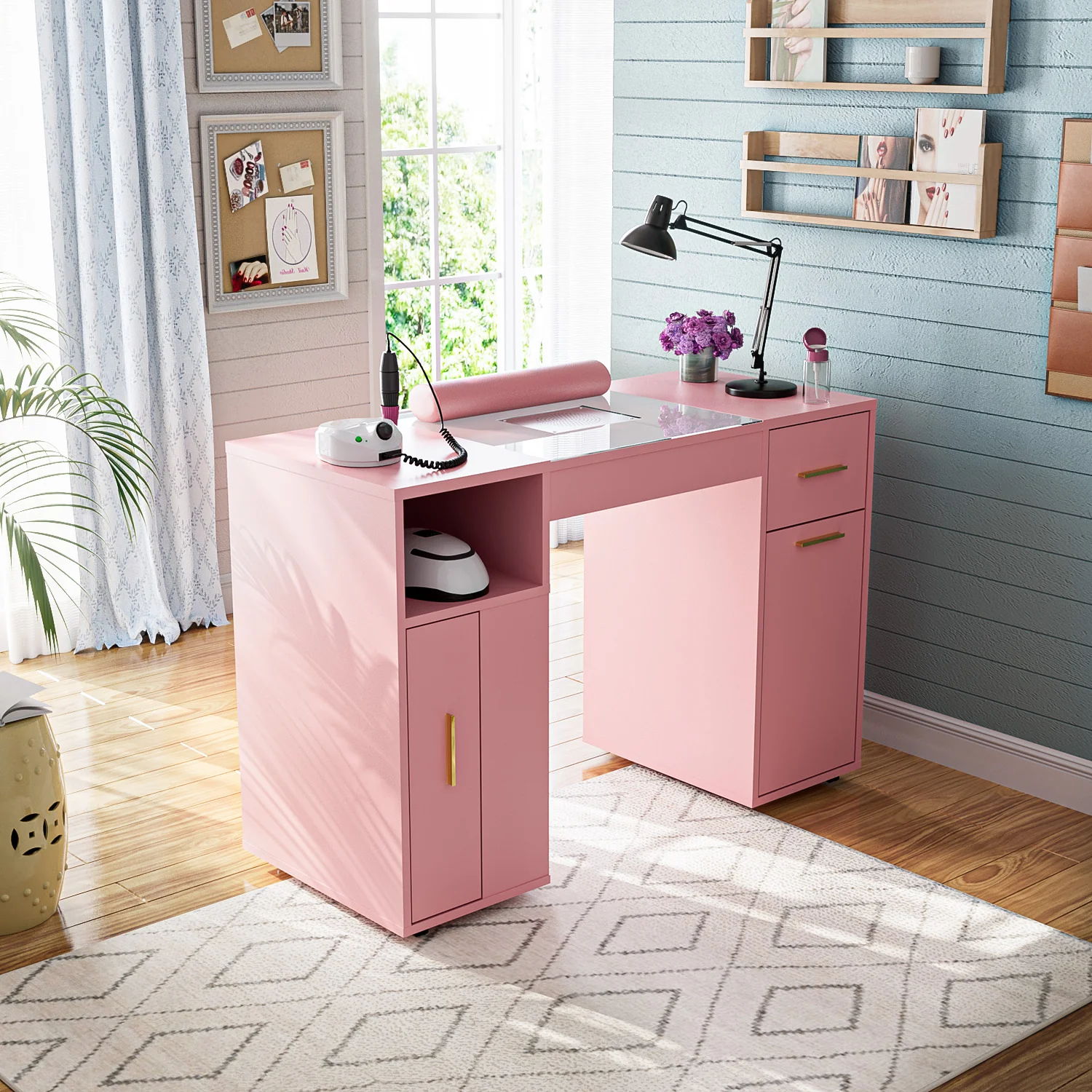 Advwin Nail Desk w/ Acetone-Resistant Glass Table Top