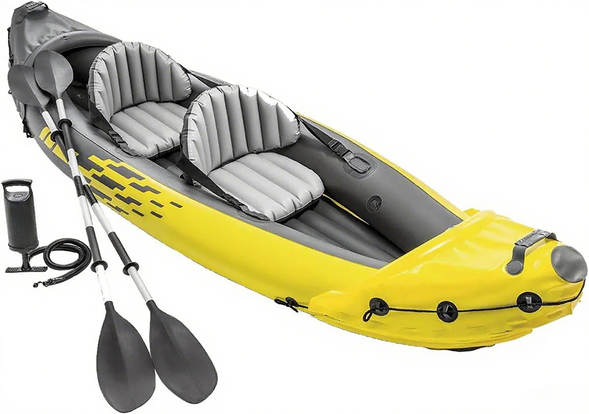 Explorer K2 Inflatable Kayak Set: Includes Deluxe 86in Aluminum Oars and High-Output Pump – SuperStrong PVC – Adjustable Seats with Backrest – 2-Person – 400lb Weight Capacity