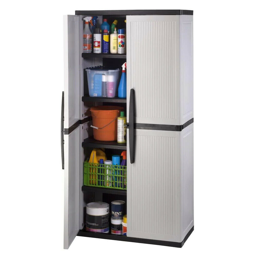 2025 HDX Gray Plastic Freestanding Garage Cabinet, 35′′W x 71′′H x 18′′D, with Adjustable Shelves and Lockable Doors