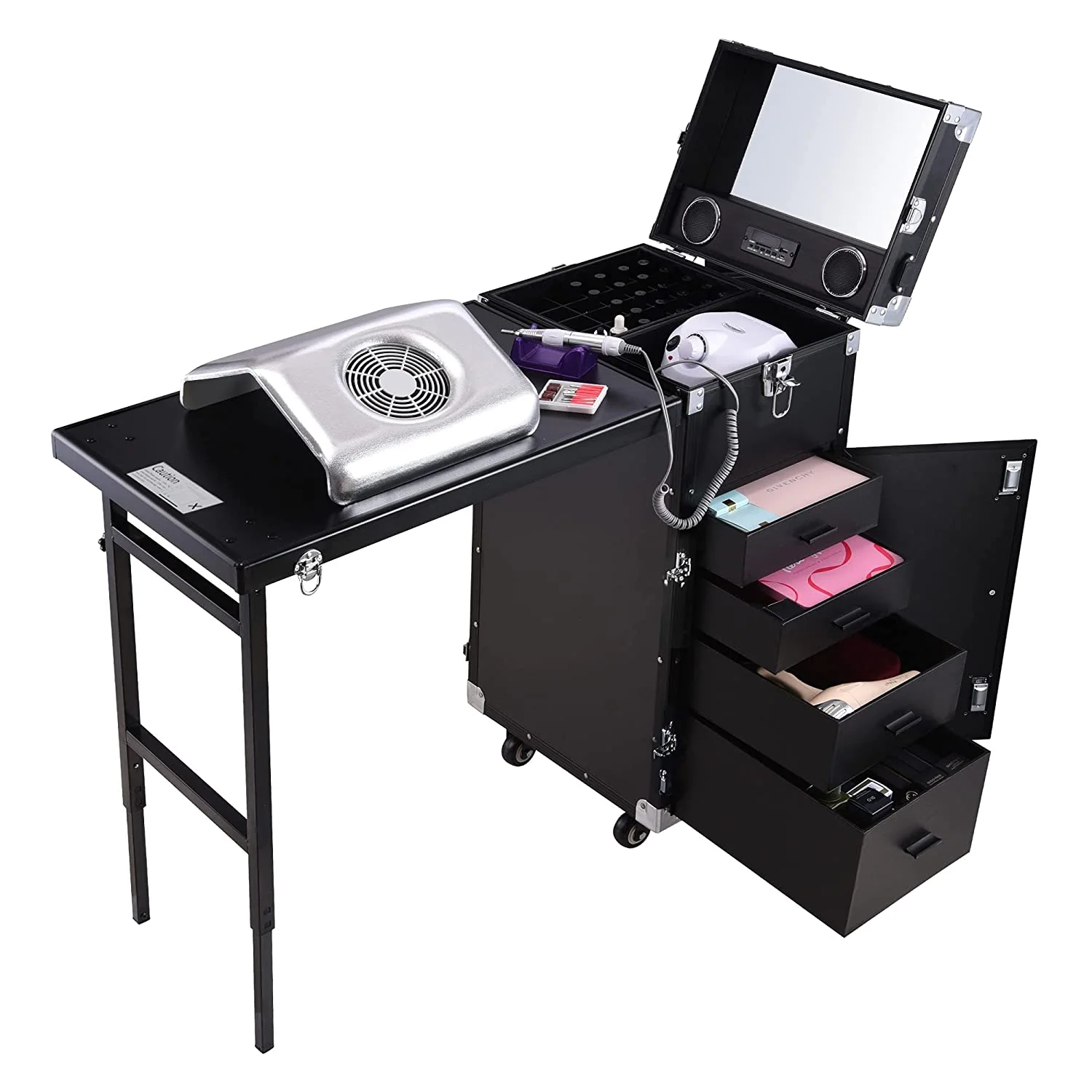 BYOOTIQUE Nail Desk Mobile Station Rolling Makeup Train Case Trolley Cosmetic Manicure Table Mirror 4 Drawers Pink