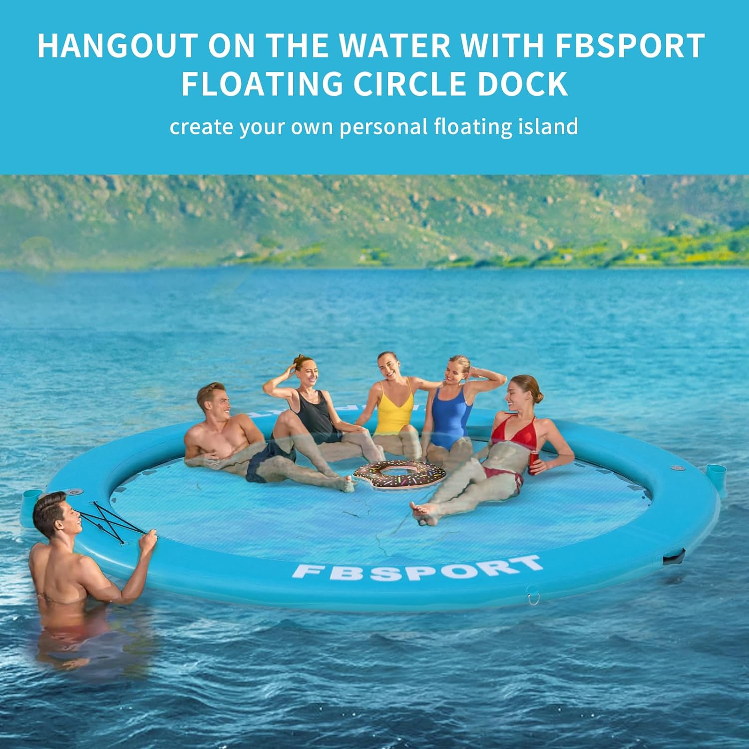Inflatable Dock Floating Platform, 8ft Inflatable Water Hammock Floating Deck for Lake W/Cupholder, Round Floating Ring Float Ring, Pool Float Raft Lounger Island Platform Pad