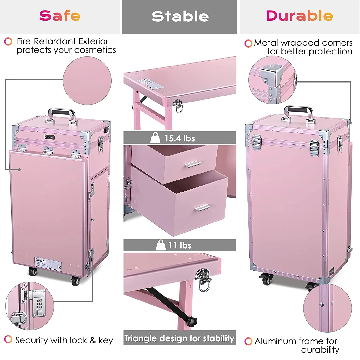 BYOOTIQUE Nail Desk Mobile Station Rolling Makeup Train Case Trolley Cosmetic Manicure Table Mirror 4 Drawers Pink