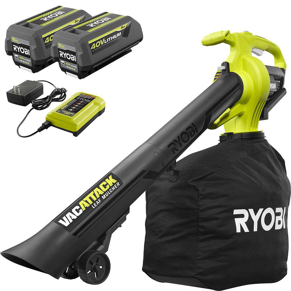 2025 RYOBI 40V Vac Attack Cordless Leaf VacuumMulcher with (2) 5.0 Ah Batteries and (1) Charger RY40451-2B