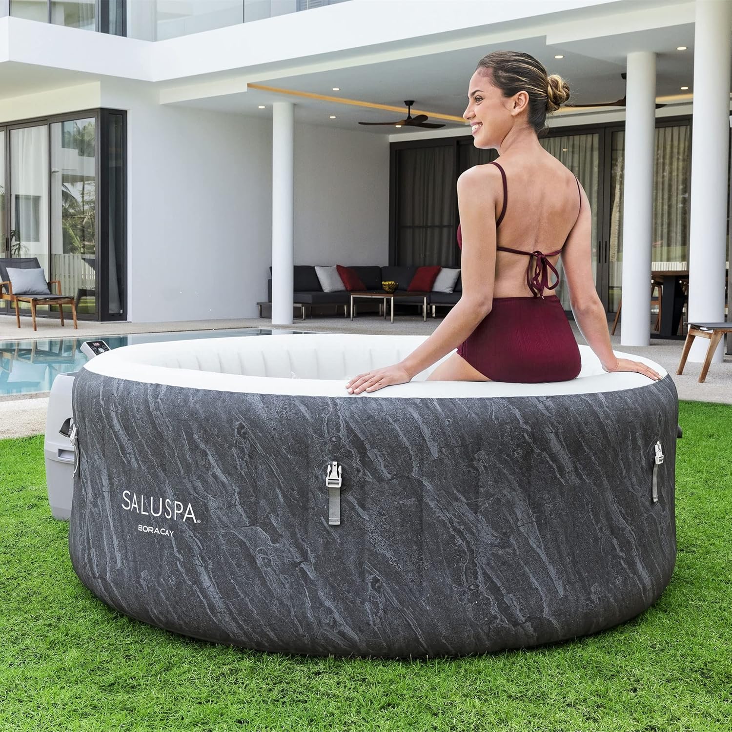Large Round 2 to 4 Person Inflatable Hot Tub Portable Outdoor Spa with 120 AirJets and EnergySense Cover, Grey