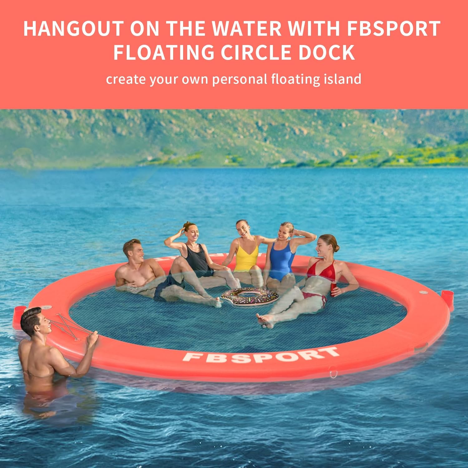Inflatable Dock Floating Platform, 8ft Inflatable Water Hammock Floating Deck for Lake W/Cupholder, Round Floating Ring Float Ring, Pool Float Raft Lounger Island Platform Pad