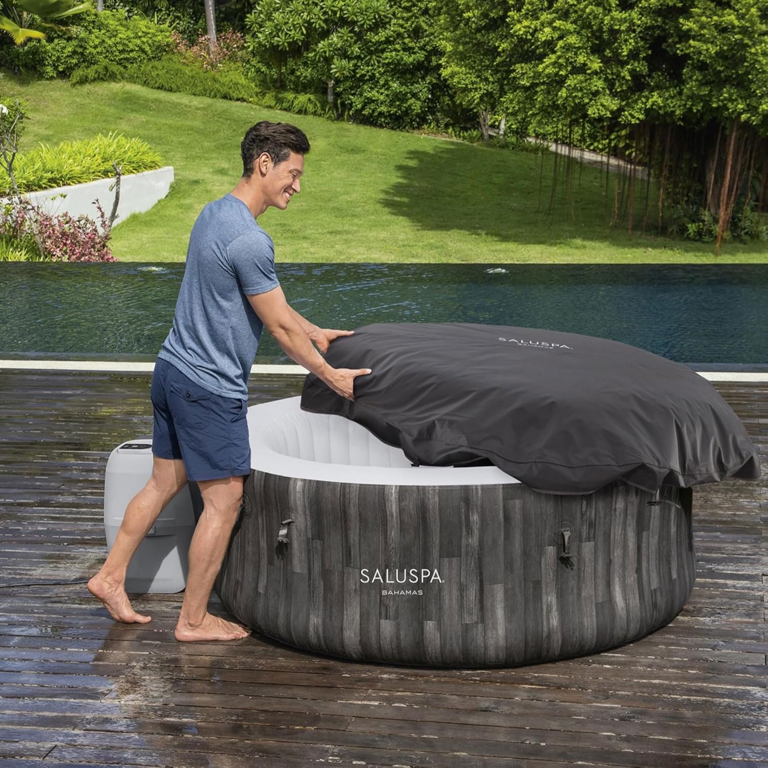Large Round 2 to 4 Person Inflatable Hot Tub Portable Outdoor Spa with 120 AirJets and EnergySense Cover, Grey