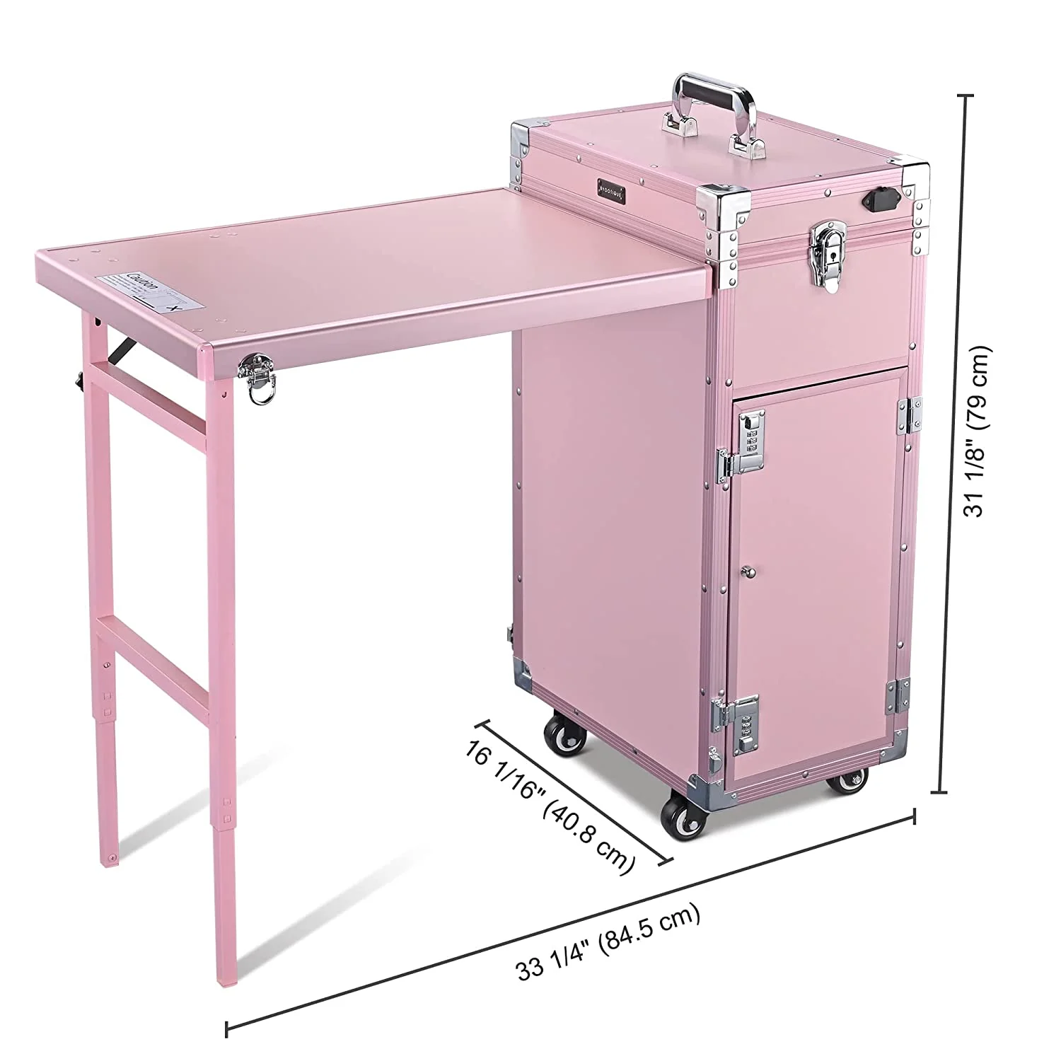 BYOOTIQUE Nail Desk Mobile Station Rolling Makeup Train Case Trolley Cosmetic Manicure Table Mirror 4 Drawers Pink
