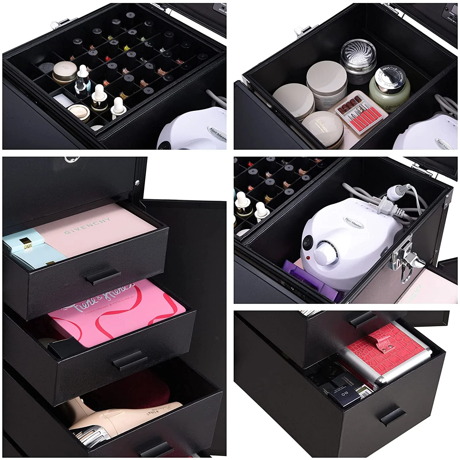 BYOOTIQUE Nail Desk Mobile Station Rolling Makeup Train Case Trolley Cosmetic Manicure Table Mirror 4 Drawers Pink