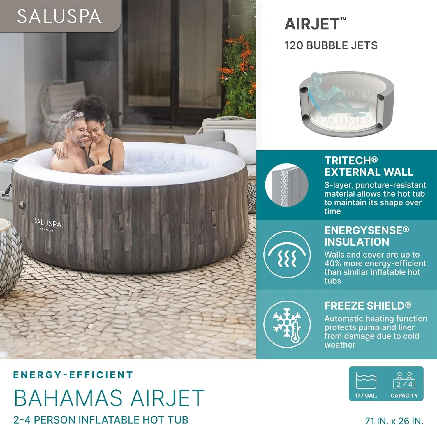 Large Round 2 to 4 Person Inflatable Hot Tub Portable Outdoor Spa with 120 AirJets and EnergySense Cover, Grey