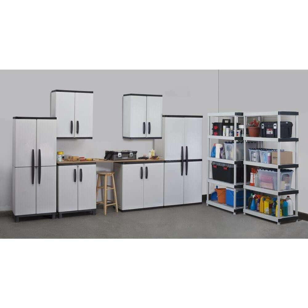 2025 HDX Gray Plastic Freestanding Garage Cabinet, 35′′W x 71′′H x 18′′D, with Adjustable Shelves and Lockable Doors