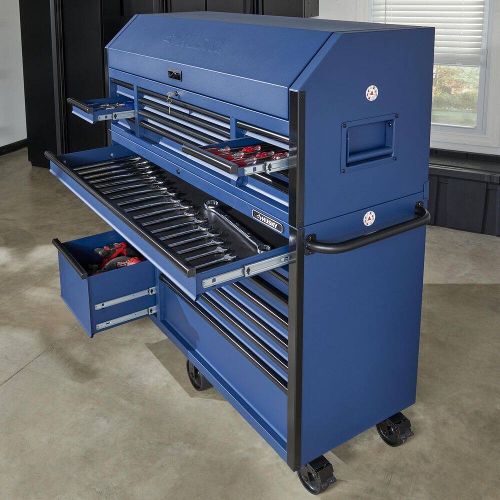 2025 Husky 56 in. W x 22 in. D Heavy Duty 23-Drawer Combination Rolling Tool Chest and Top Tool Cabinet Set in Matte Blue