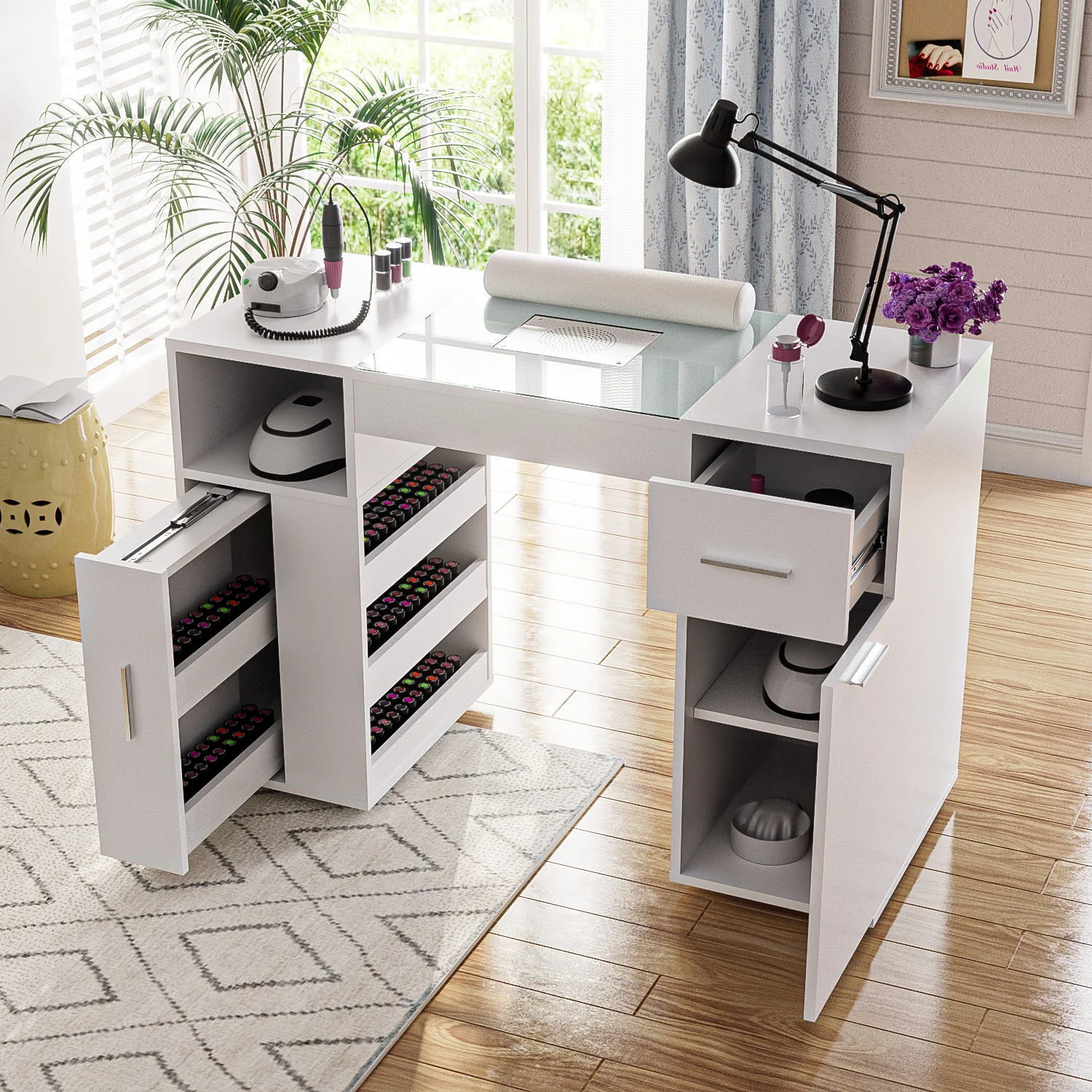 Advwin Nail Desk w/ Acetone-Resistant Glass Table Top