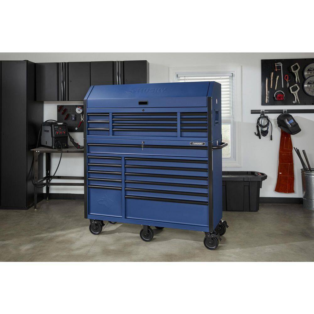 2025 Husky 56 in. W x 22 in. D Heavy Duty 23-Drawer Combination Rolling Tool Chest and Top Tool Cabinet Set in Matte Blue