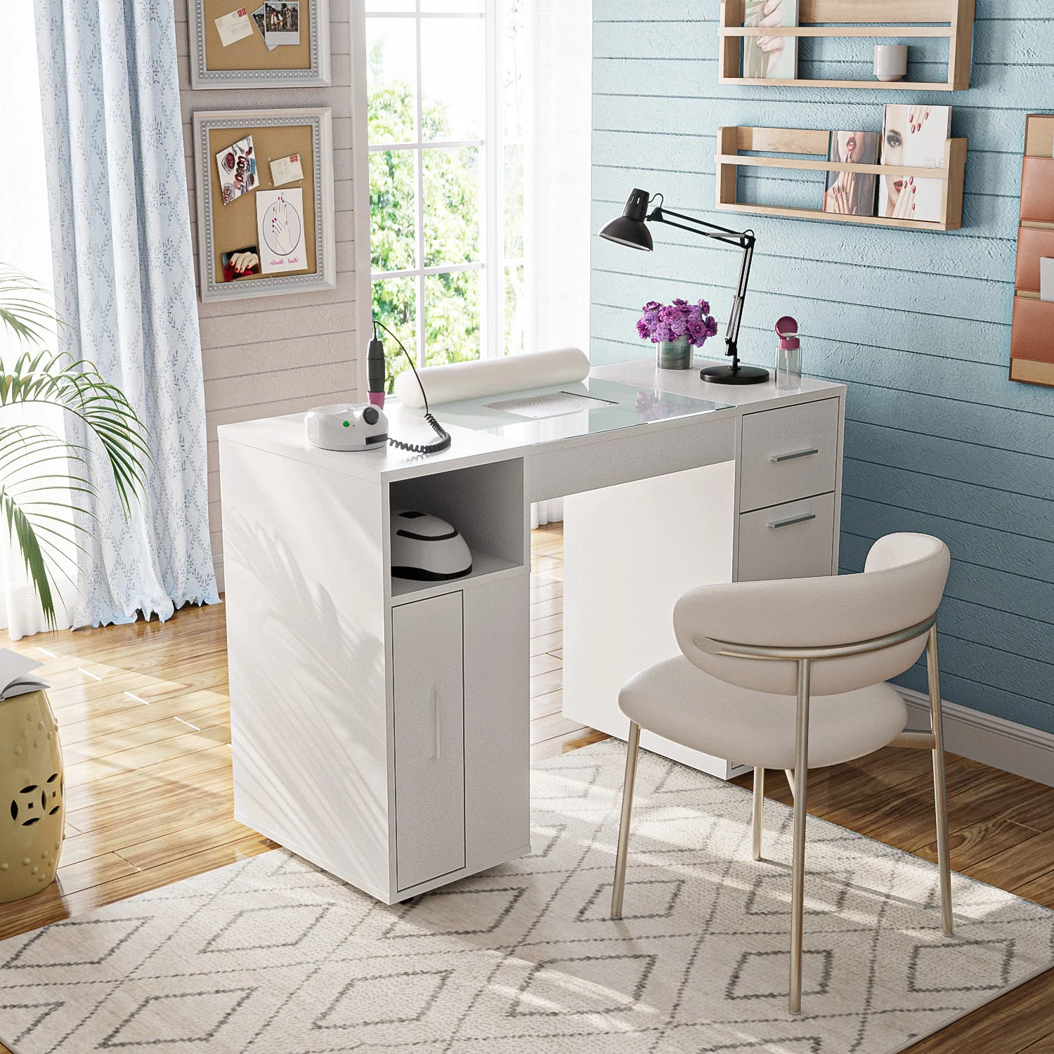 Advwin Nail Desk w/ Acetone-Resistant Glass Table Top