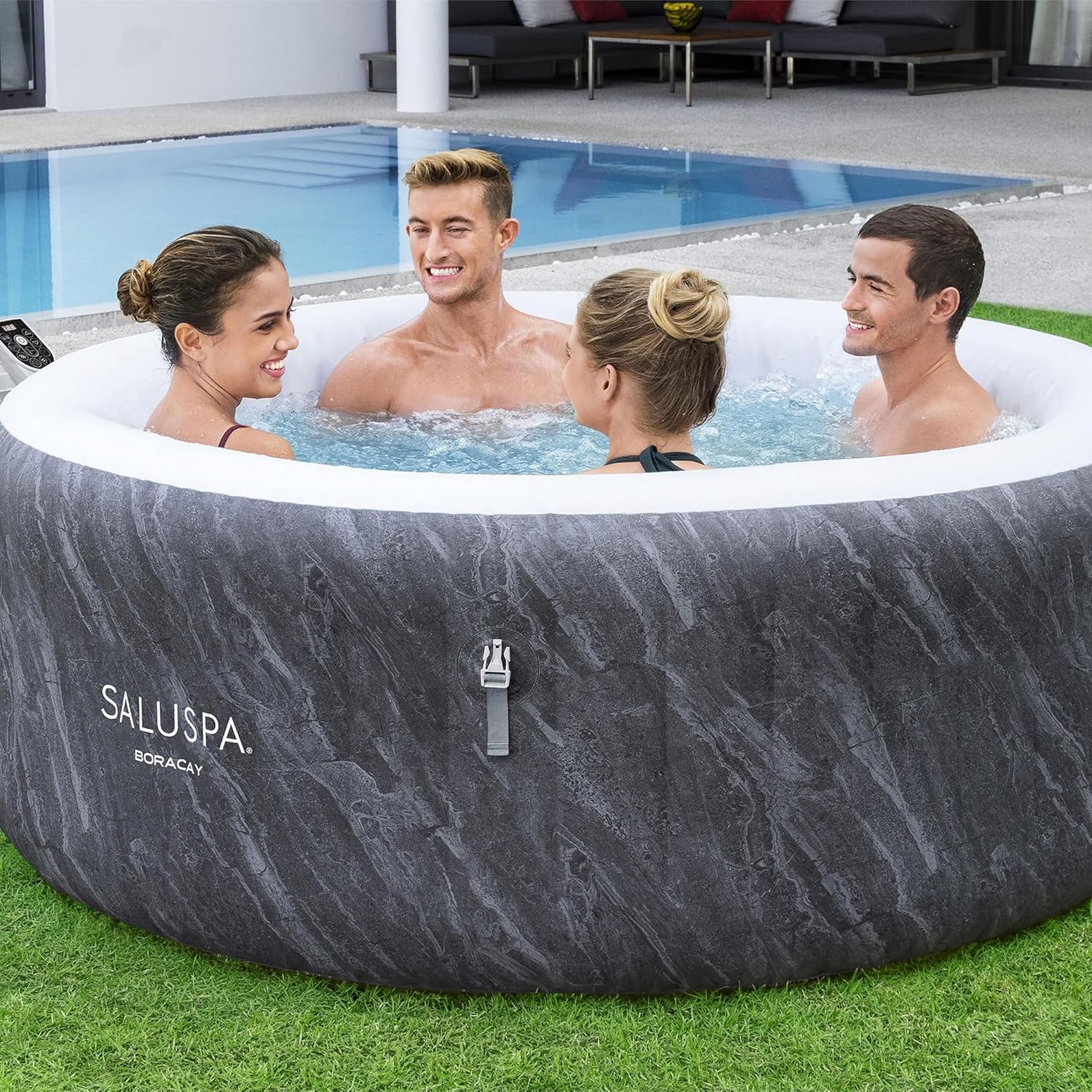 Large Round 2 to 4 Person Inflatable Hot Tub Portable Outdoor Spa with 120 AirJets and EnergySense Cover, Grey