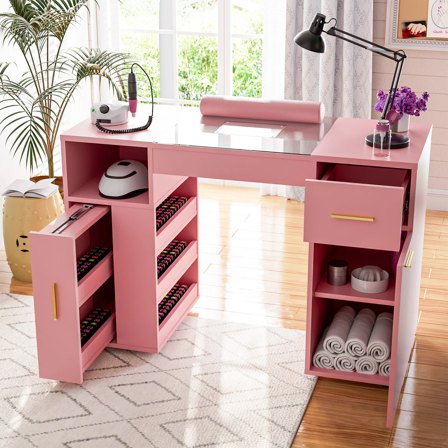 Advwin Nail Desk w/ Acetone-Resistant Glass Table Top