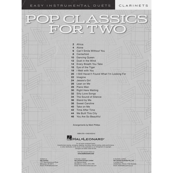Hal Leonard Pop Classics For Two Clarinets