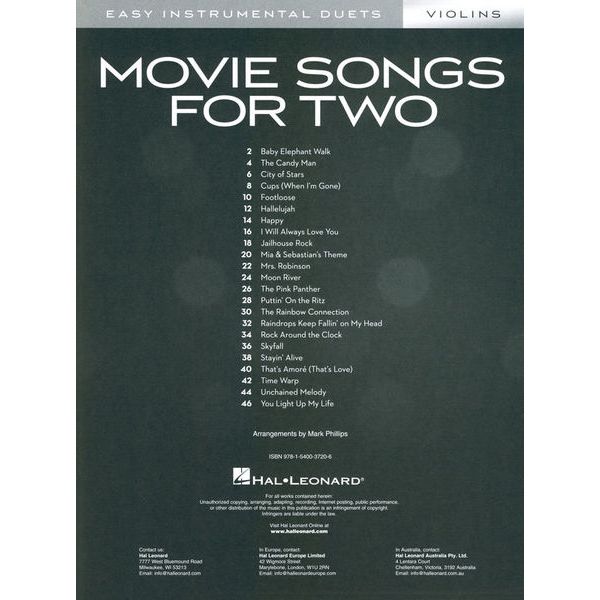Hal Leonard Movie Songs For Two Violins