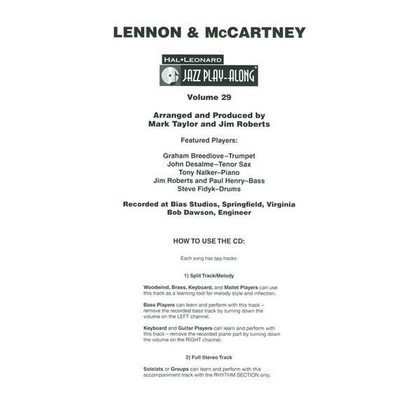 Hal Leonard Jazz Play-Along Lennon Cartney