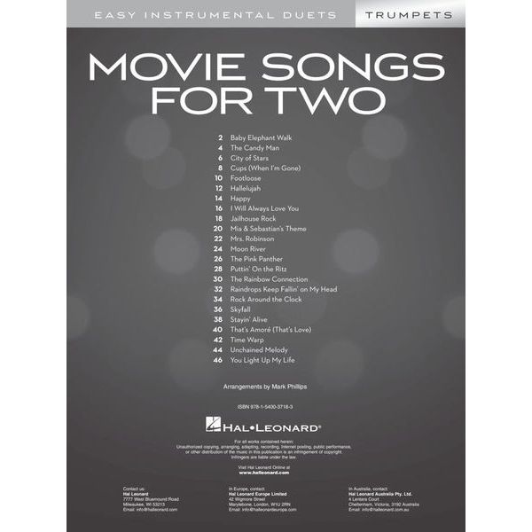 Hal Leonard Movie Songs For Two Trumpets