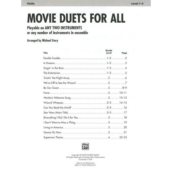 Alfred Music Publishing Movie Duets For All Violin
